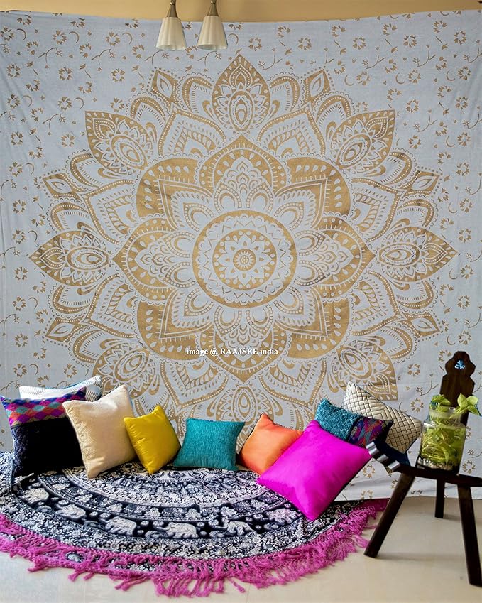 raajsee Metallic Gold Tapestry Mandala Wall Hanging- Bohemian Dorm Decor Hippie Queen Tapestries 82x92 inches-Boho Bedding Beach Throw Blanket White Golden bedspread meditation yoga mat throw