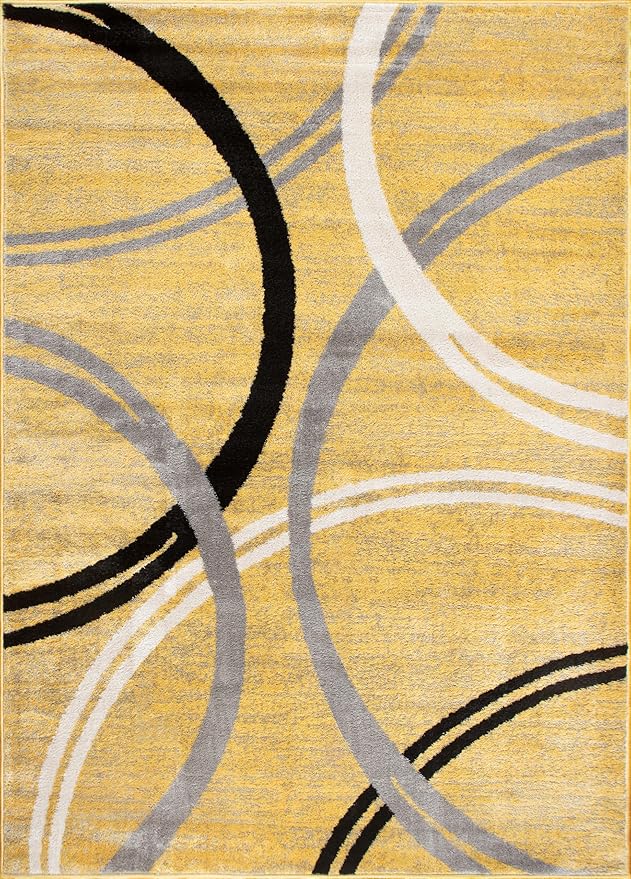 Rugshop Wavy Circles Design Area Rug, Carpet with Jute Backing for Living Room, Bedroom, or Dining Room, Yellow, 7'10" x 10'2"