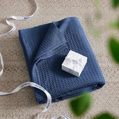 Bedsure Gentlesoft 100% Cotton Blanket Twin XL Size for College Dorm - Breathable and Soft, Waffle Weave Twin Blanket for Summer, Dorm Room Essentials, Navy, 66x90 inches