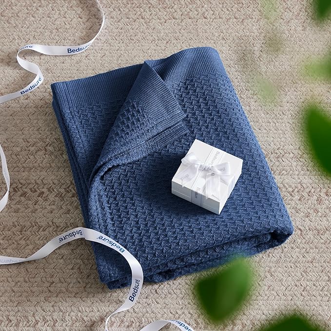 Bedsure Gentlesoft 100% Cotton Large Throw Blanket for Couch 50x70 inches - Breathable and Soft, Waffle Weave Throw Blanket for Office, Navy