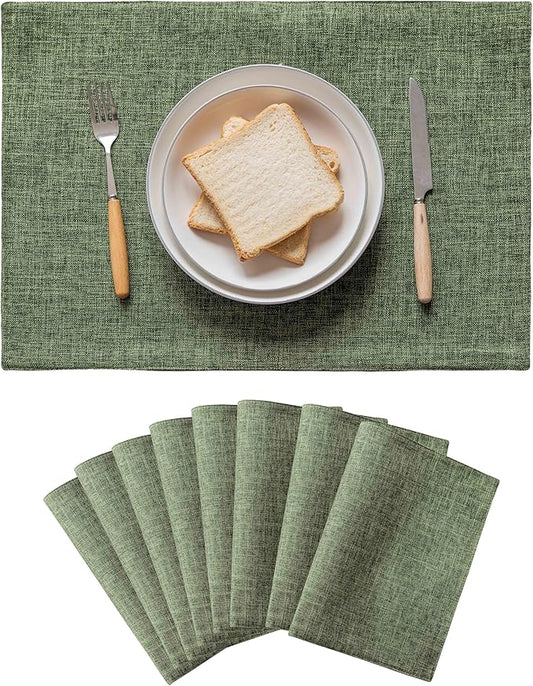 Home Brilliant Linen Cloth Placemats Set of 8 Heat Resistant Dining Table Place Mats Table Mat Kitchen for Wedding Holiday Parties Decor, Green