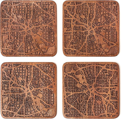 Dallas Map Coaster by O3 Design Studio, Set Of 4, Sapele Wooden Coaster With City Map, Handmade
