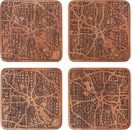 Dallas Map Coaster by O3 Design Studio, Set Of 4, Sapele Wooden Coaster With City Map, Handmade