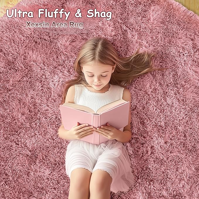 Round Fluffy Rugs 6Ft for Girls Bedroom, Blush Pink Shag Circle Kids Rug Non-Slip for Bedside Dorm Nursery Playroom, Soft Cute Area Rugs for Living Room Decor