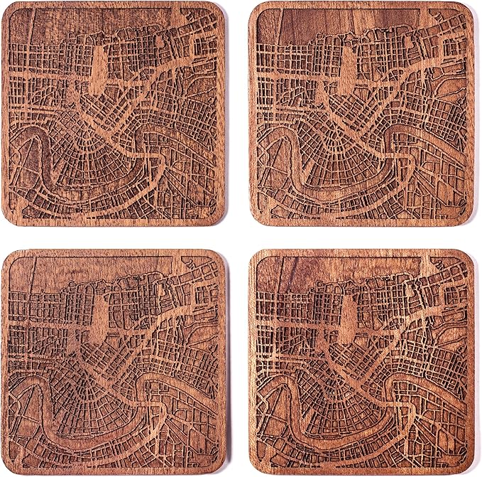 New Orleans Map Coaster by O3 Design Studio, Set Of 4, Sapele Wooden Coaster With City Map, Handmade