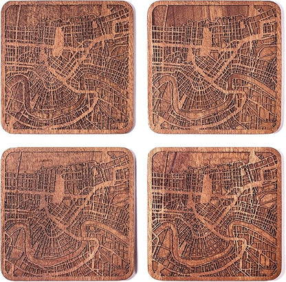 New Orleans Map Coaster by O3 Design Studio, Set Of 4, Sapele Wooden Coaster With City Map, Handmade