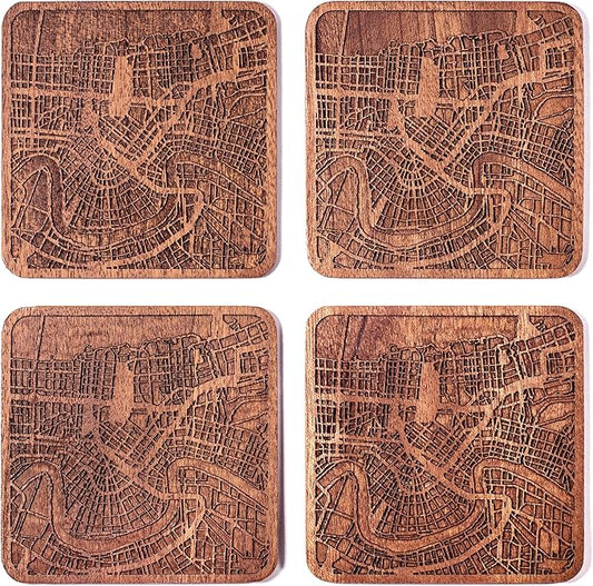 New Orleans Map Coaster by O3 Design Studio, Set Of 4, Sapele Wooden Coaster With City Map, Handmade