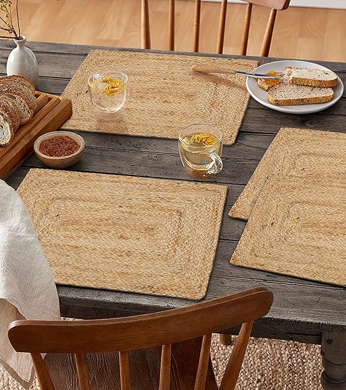 Hausattire Jute Braided Placemats 13x19 Inches Set of 4 Reversible Handwoven Boho Vintage Placemats for Kitchen Dining Tables|BBQ's Thanksgiving Decor Weddings Indoor & Outdoor Parties|Natural