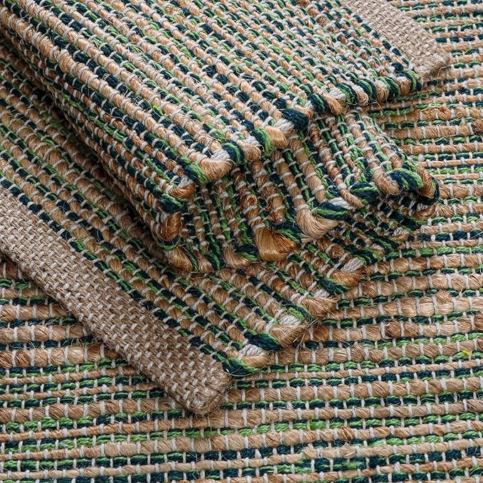 Jute Placemats Set of 4 - Boho Woven Placemats for Dining Tables, Rustic Farmhouse Style, Cotton and Jute, Neutral Colorful Table Mat, 13x19 Inch, Indoor Kitchen Decor - Natural - Green