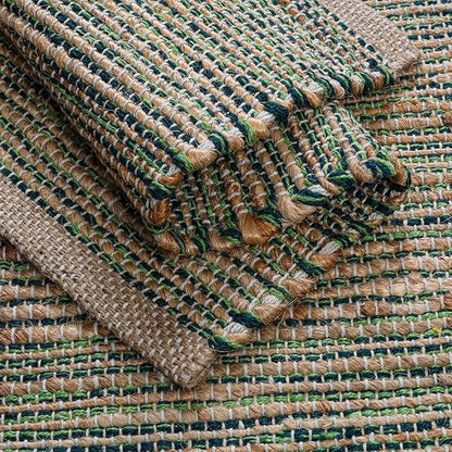 Jute Placemats Set of 4 - Boho Woven Placemats for Dining Tables, Rustic Farmhouse Style, Cotton and Jute, Neutral Colorful Table Mat, 13x19 Inch, Indoor Kitchen Decor - Natural - Green