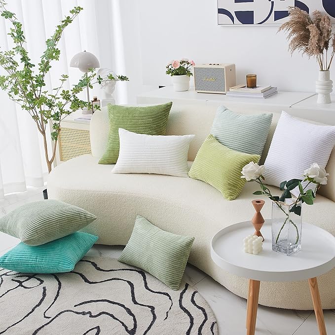 Home Brilliant Holiday Decor Solid Plush Corduroy Striped Square Spring Pillow Covers Set of 2 Cushion Covers for Living Room Decor, 50cm, 20 x 20 Inch, Sage Green