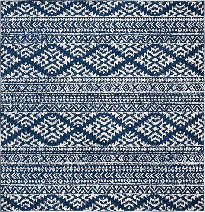 SAFAVIEH Tulum Collection Area Rug - 6'7" Square, Navy & Ivory, Moroccan Boho Tribal Design, Non-Shedding & Easy to Clean, Ideal for Living Room, Bedroom, Dining Space (TUL272N)
