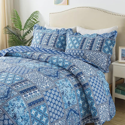 HoneiLife Rustic Quilt Sets Queen - 3 Pieces Microfiber Quilt Sets Lightweight Bedspreads Floral Coverlets Retro Bed Cover All Season Quilts-Blue