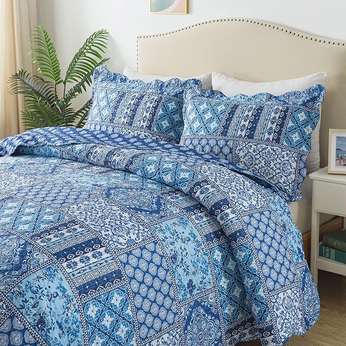 HoneiLife King Quilt Bedding Set - 3 Pieces Rustic Quilt Sets Microfiber Bedspreads Floral Coverlets Retro Bed Cover All Season Quilts-Blue