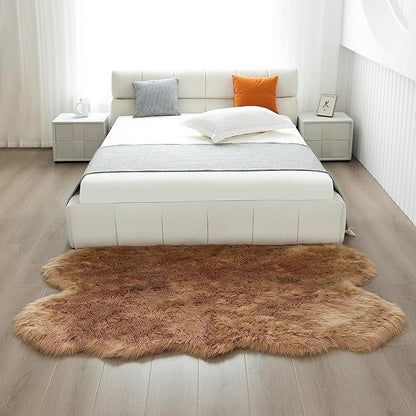 Fluffy Faux Fur Rug Brown Sheepskin Area Rug,4x6 Ft Ultra Soft Shaggy Plush Rug for Bedroom Bedside Living Room Nursery Kids Room