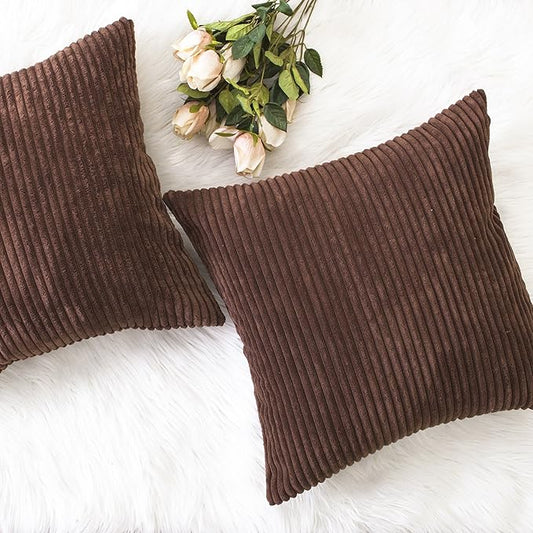 Home Brilliant Throw Pillow Covers 18x18 Set of 2 Solid Plush Corduroy Striped Square Cushion Covers Bed Decor, 18x18 inch, Brown