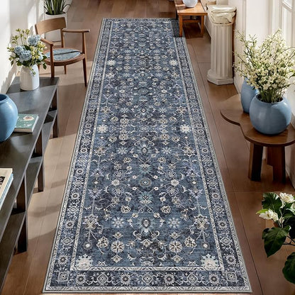 Tangsoo 2x10 Washable Runner Rug for Hallway Non Slip, Boho Floral Vintage Carpet Long Runner Rugs for Entryway Kitchen, Floor Low Pile Runners for Laundry Bedroom Alfombra Blue Black Farmhouse
