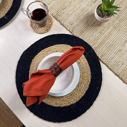 Chardin home Round Verona Woven Jute & Cotton Braided PLACEMAT (Set of 4), Size -15” Round, Color - Natural Jute with Black Border.