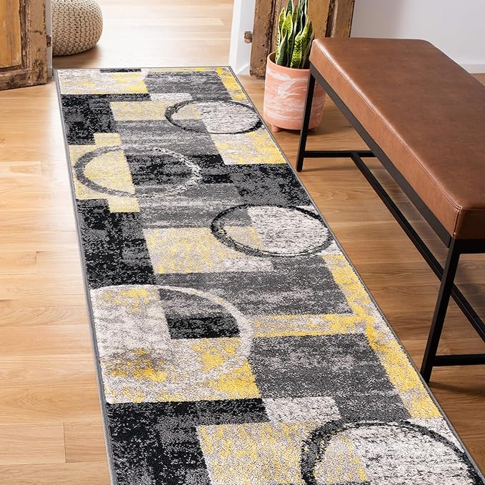 Rugshop Contemporary Circle Design Runner Rug, Fade-Resistant Carpet for Hallway, Kitchen, or Entryway, Yellow, 2' x 10'