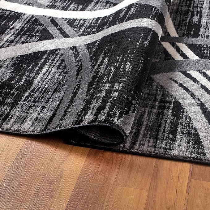 Rugshop Modern Wavy Circles Design Area Rug, Carpet with Jute Backing for Living Room, Dining Room, or Office, Black, 7'10" x 10'2"