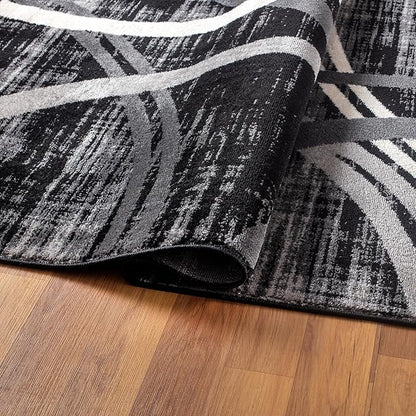 Rugshop Modern Wavy Circles Design Area Rug, Carpet with Jute Backing for Living Room, Bedroom, or Home Office, Black, 5'3" x 7'3"