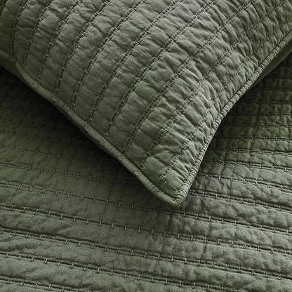 WDCOZY 100% Cotton Oversized King Size Quilt Set - Olive Green California Cal King Striped Pick Stitch Soft Lightweight Bedspread, Textured Like Linen, Farmhouse Country Rustic Coverlet, 3 Pieces