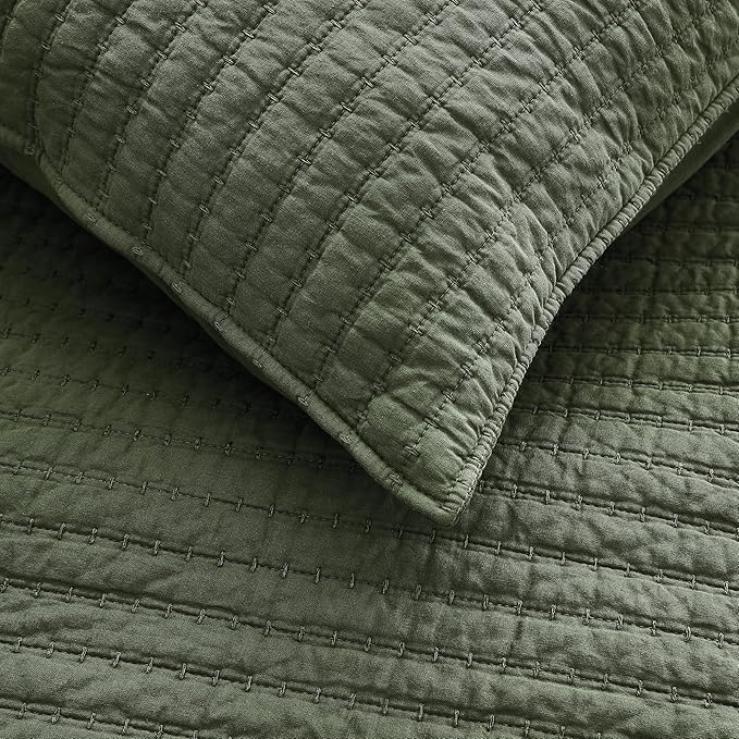 WDCOZY 100% Cotton Queen Size Quilt Set - Olive Green Striped Pick Stitch Soft Lightweight Bedspread, Textured Like Linen, Farmhouse Country Rustic Coverlet, Shabby Chic Gauze Bedding, 3 Pieces