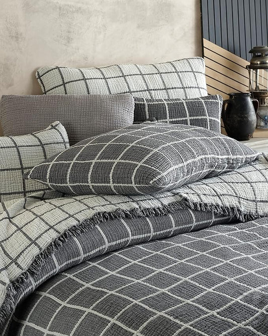 4 Layers Gauze Pillowcases, Cotton Muslin Pillowcovers, Breathable 4 Layer Gauze Shams (Gray Windowpane, Only 2 Queen Pillowcase 20 x 30 inches)