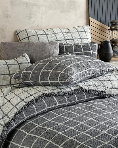 Bohemian 4 Layers Gauze Lightweight Throws,Cotton Muslin Throw Blanket,Breathable Coverlet, 4 Layer Bed Cover (Gray Windowpane, Queen 90 x 95 inches)