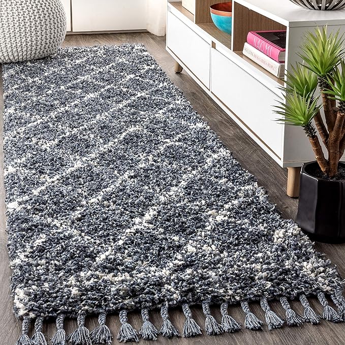 JONATHAN Y Mercer Shag Plush Tassel Blue/Cream Runner Rug, 2x8, Moroccan Geometric Trellis, Easy-Cleaning for Living Room, Bedroom, Kitchen, Pet Friendly, Non-Shedding (MCR101A-28)