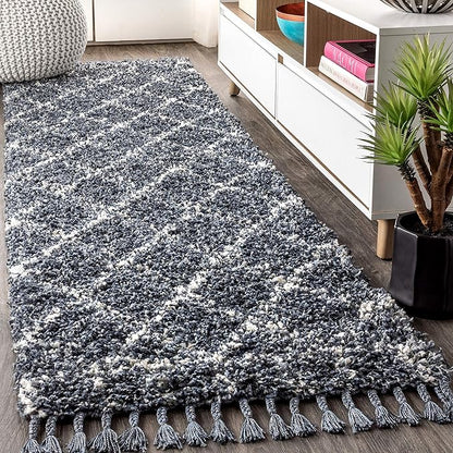 JONATHAN Y Mercer Shag Plush Tassel Blue/Cream Runner Rug, 2x8, Moroccan Geometric Trellis, Easy-Cleaning for Living Room, Bedroom, Kitchen, Pet Friendly, Non-Shedding (MCR101A-28)