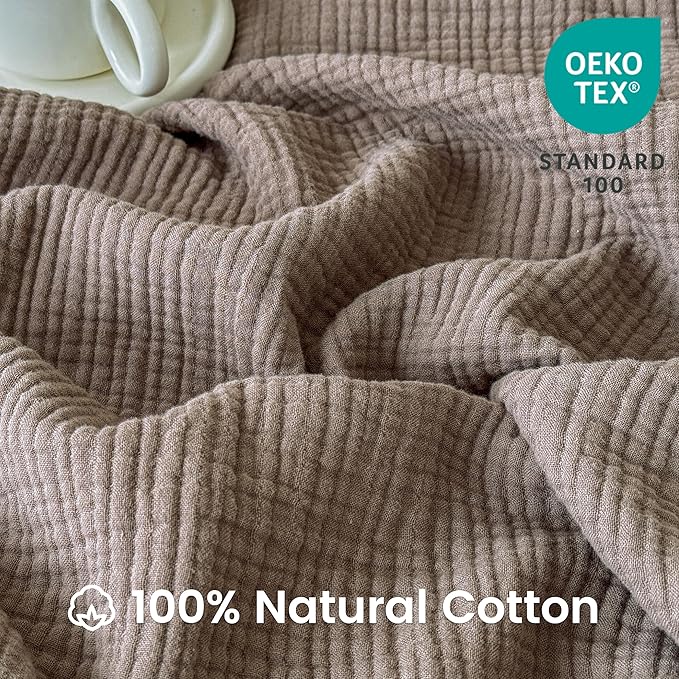 FALUCA Cotton Muslin Reversible Blanket Twin Size for Bed, Couch, Four Layers Blanket, Soft Lightweight Cozy Breathable Farmhouse Decoration for All-Season, Brown