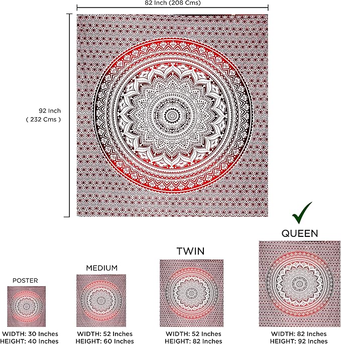 raajsee Red Mandala Ombre Tapestry Wall Hanging/Indian Cotton Boho Psychedelic Hippie Throw Tapestries//Elephant Wall Decor/Yoga Mat Beach Towel Blanket/A
