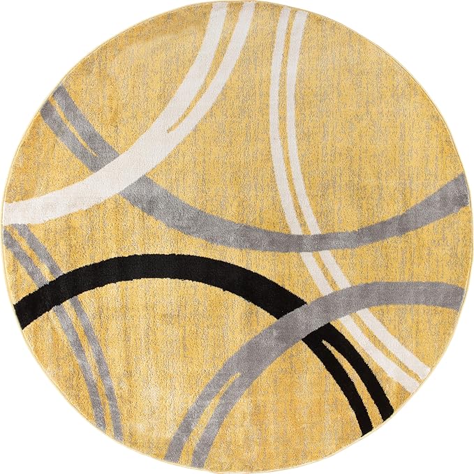 Rugshop Wavy Circles Design Round Rug, Fade-Resistant Carpet for Living Room, Dining Area, or Office, Yellow, 6'6" Round