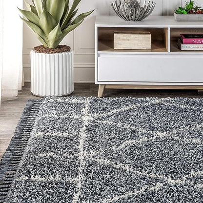 JONATHAN Y Mercer Shag Plush Tassel Blue/Cream Indoor Area Rug, 5x8, Moroccan Geometric Trellis, Easy-Cleaning for Living Room, Bedroom, Kitchen, Pet Friendly, Non-Shedding (MCR101A-5)