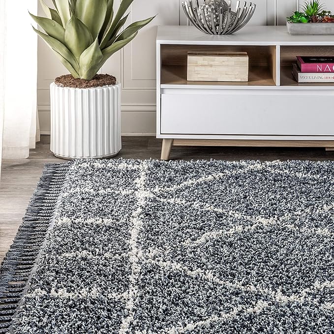 JONATHAN Y Mercer Shag Plush Tassel Blue/Cream Indoor Area Rug, 4x6, Moroccan Geometric Trellis, Easy-Cleaning for Living Room, Bedroom, Kitchen, Pet Friendly, Non-Shedding (MCR101A-4)