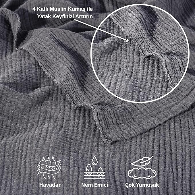 Muslin Blanket - Pure 100% Turkish Cotton Airy Soft Light Versatile Gauze Throw Blanket for Bed, Couch, Sofa (Dark Gray, Throw Size (50" x 66" inch))