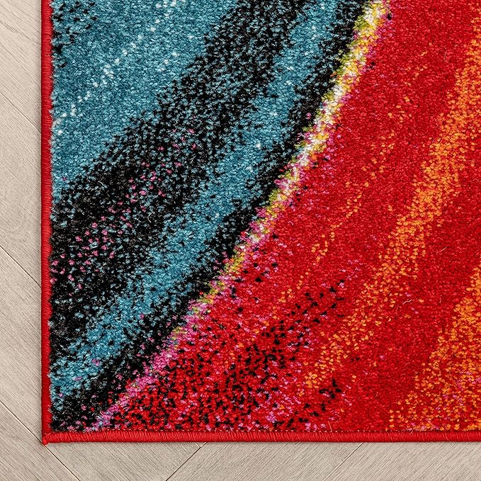 Well Woven Aurora Multi Red Yellow Orange Swirl Lines Modern Geometric Abstract Brush Stroke Area Rug(5'3inx7'3in)Easy Clean Stain Resistant Shed Free Contemporary Painting ArtStripe Thick Soft Plush