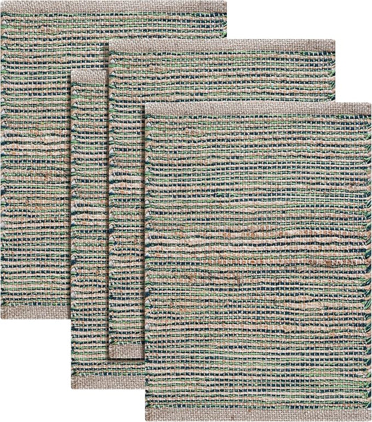 Jute Placemats Set of 4 - Boho Woven Placemats for Dining Tables, Rustic Farmhouse Style, Cotton and Jute, Neutral Colorful Table Mat, 13x19 Inch, Indoor Kitchen Decor - Natural - Green