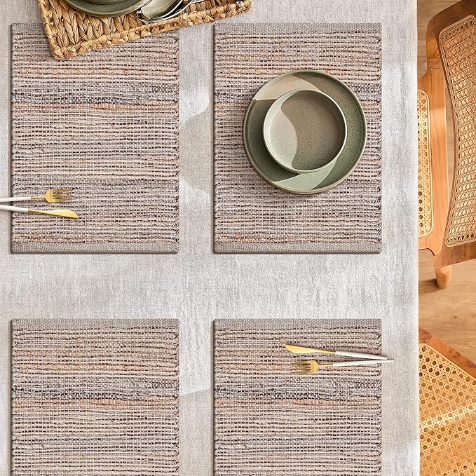 Jute Placemats Set of 4 - Boho Woven Placemats for Dining Tables, Rustic Farmhouse Style, Cotton and Jute, Neutral Colorful Table Mat, 13x19 Inch, Indoor Kitchen Decor - Natural - Brown