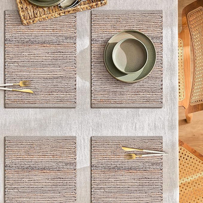 Jute Placemats Set of 4 - Boho Woven Placemats for Dining Tables, Rustic Farmhouse Style, Cotton and Jute, Neutral Colorful Table Mat, 13x19 Inch, Indoor Kitchen Decor - Natural - Brown