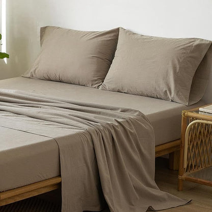 MooMee Bedding Sheet Set 100% Washed Cotton Linen Like Textured Breathable Durable Soft Comfy (Solid Mocha Brown, Split King)