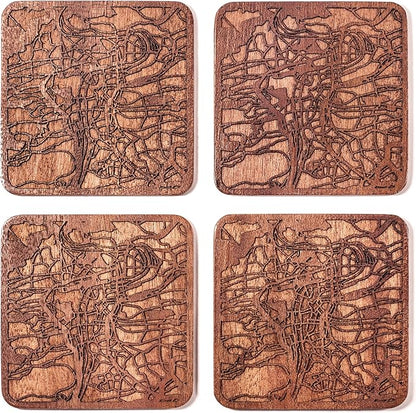 Prague Map Coaster by O3 Design Studio, Set Of 4, Sapele Wooden Coaster With City Map, Handmade