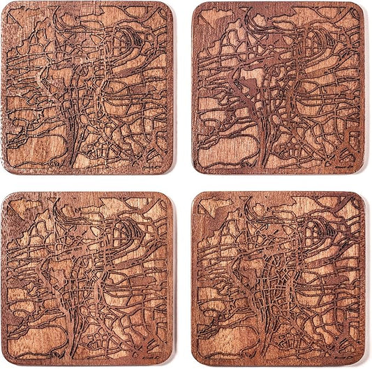 Prague Map Coaster by O3 Design Studio, Set Of 4, Sapele Wooden Coaster With City Map, Handmade