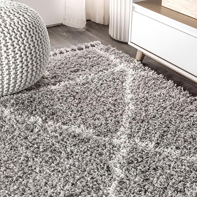 JONATHAN Y Mercer Shag Plush Tassel Gray/Ivory Indoor Area Rug, 3x5, Moroccan Geometric Trellis, Easy-Cleaning for Living Room, Bedroom, Kitchen, Pet Friendly, Non-Shedding (MCR101C-3)