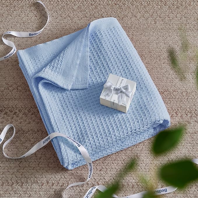 Bedsure Gentlesoft 100% Cotton Blanket Queen Size for Bed - Breathable and Soft, Thick Cozy Waffle Weave Christmas Blanket Gift for Women, Sky Blue, 90x90 Inches