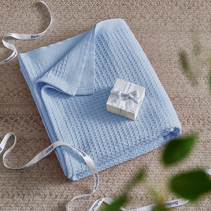 Bedsure Gentlesoft 100% Cotton Blanket Queen Size for Bed - Breathable and Soft, Thick Cozy Waffle Weave Christmas Blanket Gift for Women, Sky Blue, 90x90 Inches