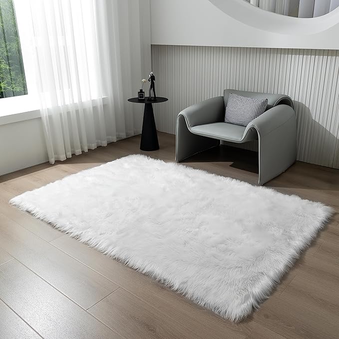 Fluffy Faux Fur Rug White Sheepskin Area Rug,4x6 Ft Ultra Soft Shaggy Plush Rug for Bedroom Bedside Living Room Nursery Kids Room