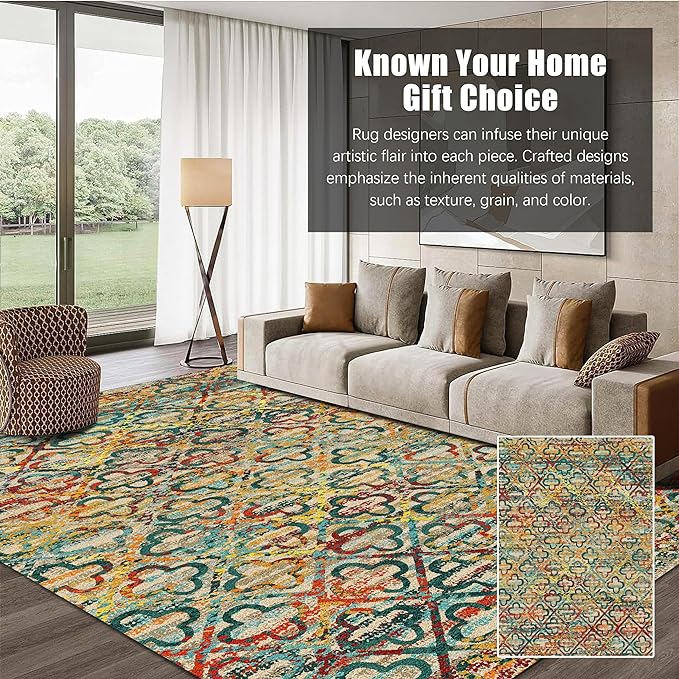 RUGSURE Washable Area Rugs, 9' x 12' - 1/6 Thick - Stain & Water Resistant Non-Slip - Perfect Resistant Rug for Living Room, Bedroom, Nursery, Pet & Child Friendly, Vibrant Colors Rugs, Multicolor