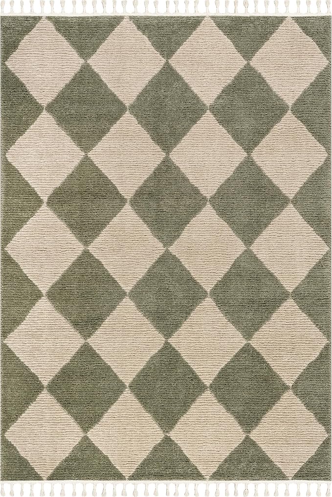 Nuloom Marissa Green/Ivory, 3' x 5', Diamond, Tassel, Soft and Cozy, High Traffic, Stain Resistant, Easy Clean, Durable Area Rug for Bedroom, Living Room, Dining Space, Den, Foyer, Entryway
